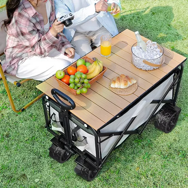 Wide wheel wagon with table board outdoor picnic camping stall foldable fishing storage trolley cart