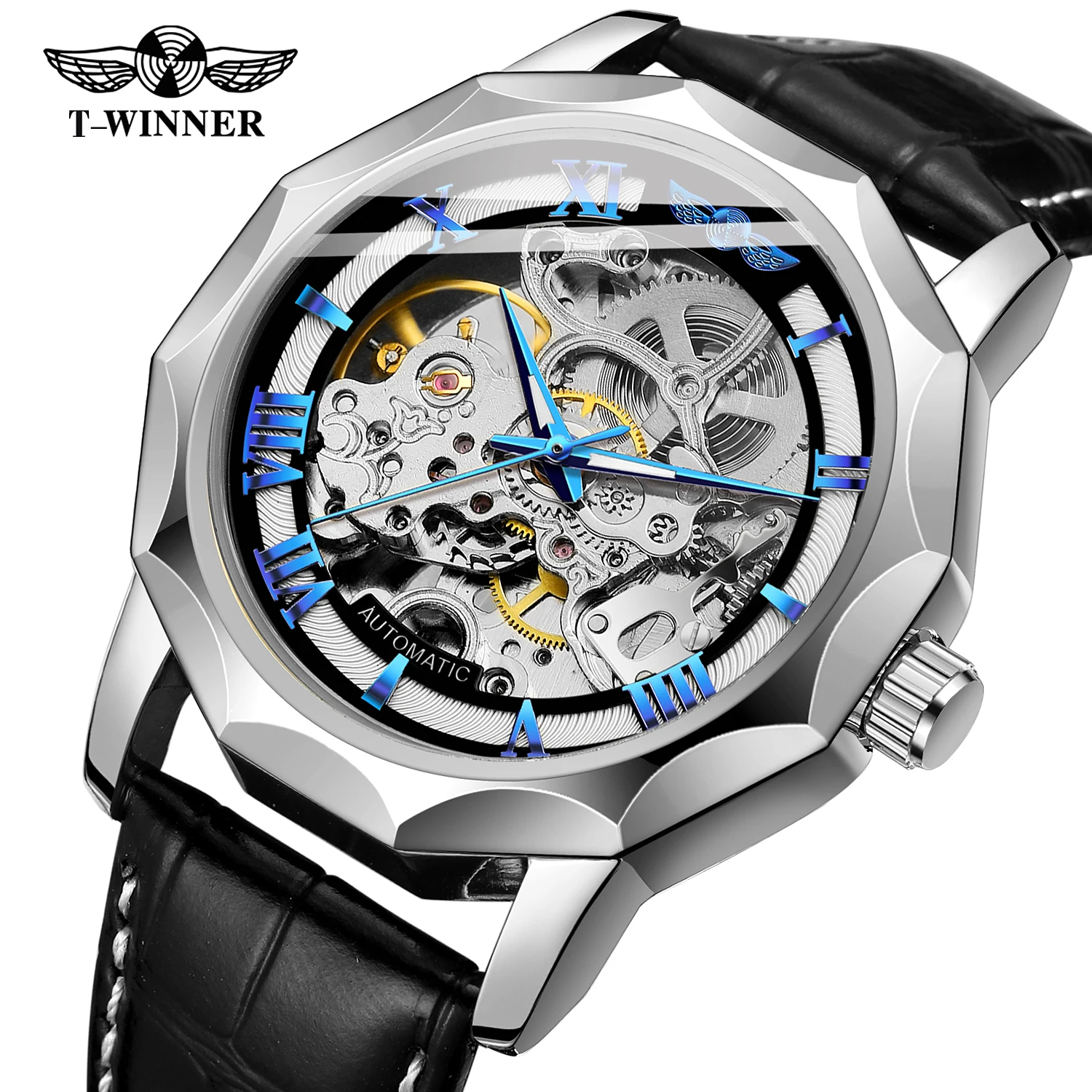 Men's Shanghai Automatic Skeleton Watch with Alarm New Genuine Leather Strap Charm Style