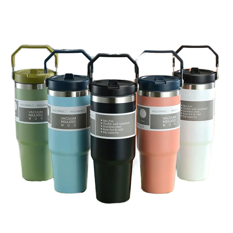 30oz Custom Eco-Friendly Stainless Steel Tumbler Double-Wall Flip Straw Insulated Travel Mug 6-12 Hours Thermal Insulation