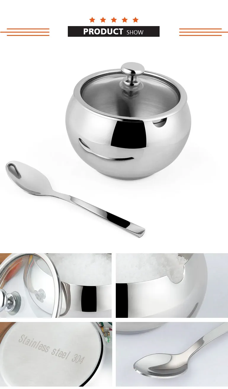Facibom Stainless Steel with Lid and Spoon Sugar Bowl Seasoning Jar Seasoning Jar Tableware Spice Container 