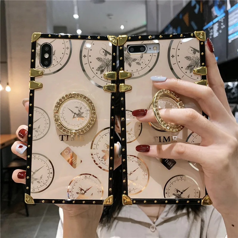 Wholesale Luxury Time Pattern Square Phone Case for Samsung S8 S9 S10 S20  S21 Plus Ultra Note 10 Plus 20 9 8 Coque Bling Ring Holder Cover From  m.