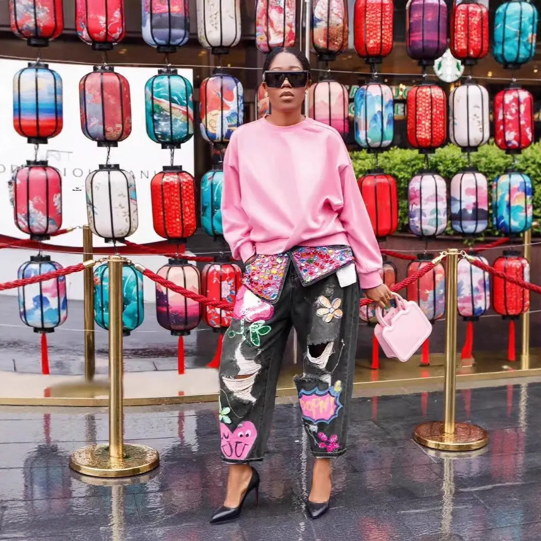 Women's Streetwear Spring Hotfix Rhinestone Embellished Printed Ripped Denim Jeans