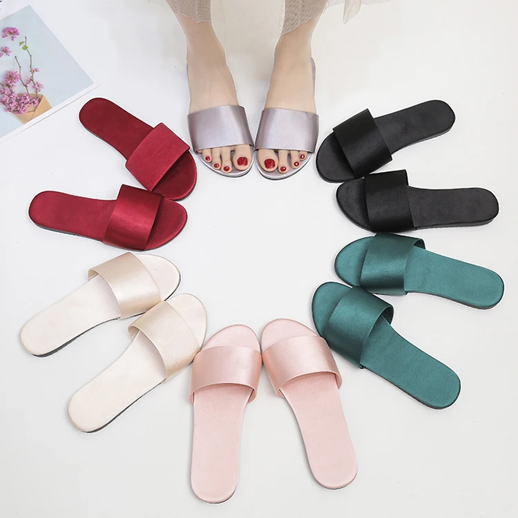Custom Cute Open Toe Sandals Home Indoor Bride Wedding Favor Satin Slides Royal Blue Satin Bedroom Slippers for Women