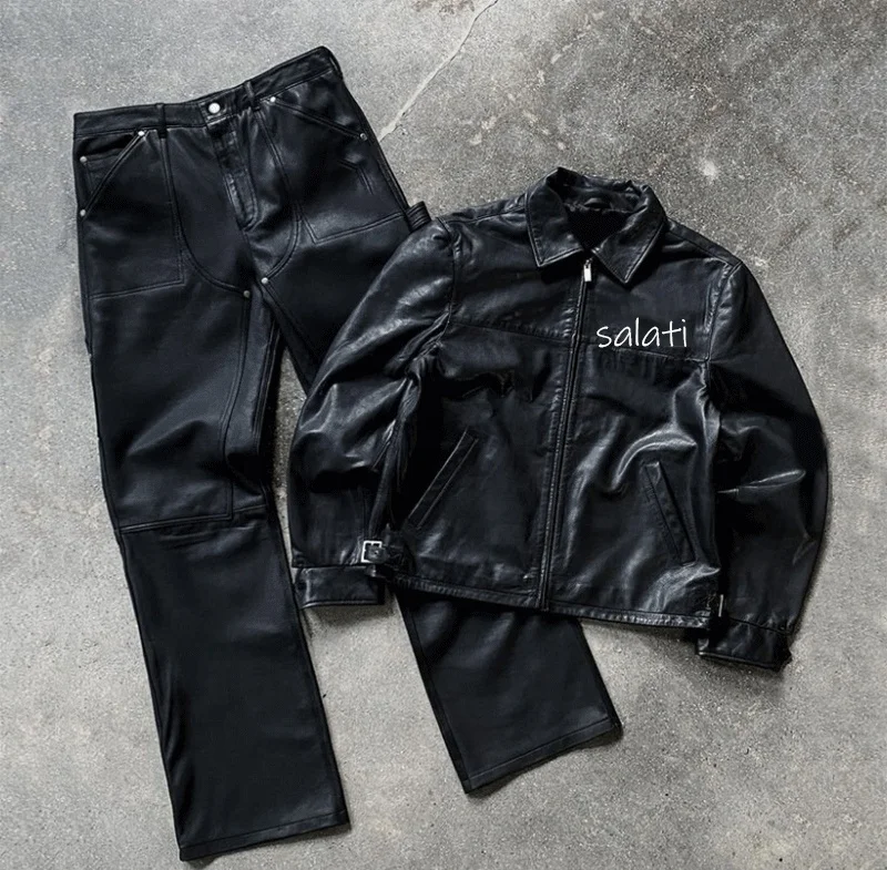 Salati Custom Print Embroidered Men Zip up Motorcycle Leather Suit Leather Jacket and Pu Stacked Flare Pants Set Tracksuit Men