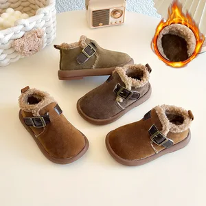 Fashionable Winter Leather Kids Soft Bottom Warm Plush Buckle Short Boots Children's Cotton Casual Shoes Boots