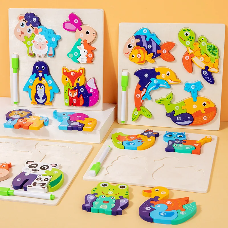 Montessori 2-in-1 Children's Wooden 3D Jigsaw Puzzle Blocks Board Games ...