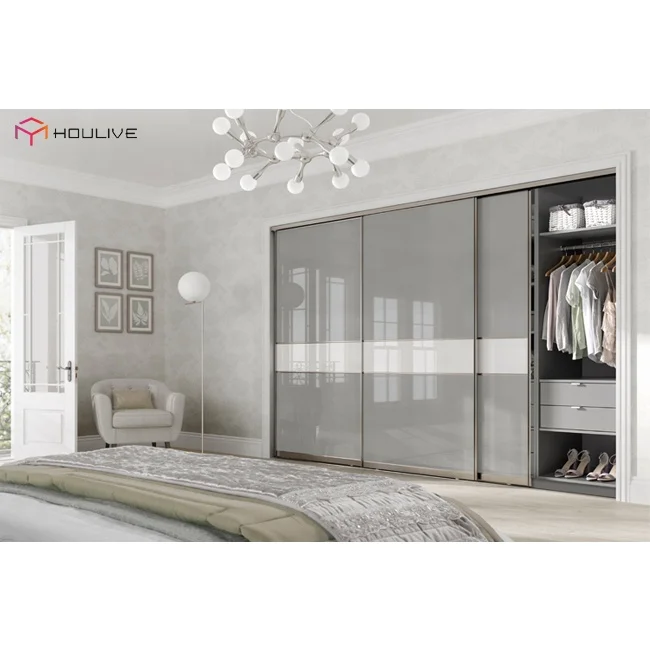 Light Color Luxury High Gloss UV Style Sliding Door Aluminum Wardrobe Bedroom Furniture