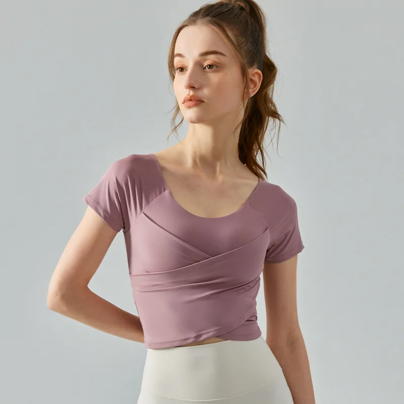 Cross pleated short-sleeved shirt women's all-in-one nude slim-fitting sports short-sleeve shirt fitness top with chest pad Yoga