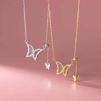 fashion fine jewelry 925 sterling silver butterfly double butterflies diamond tassel adjustable gold plated necklaces women