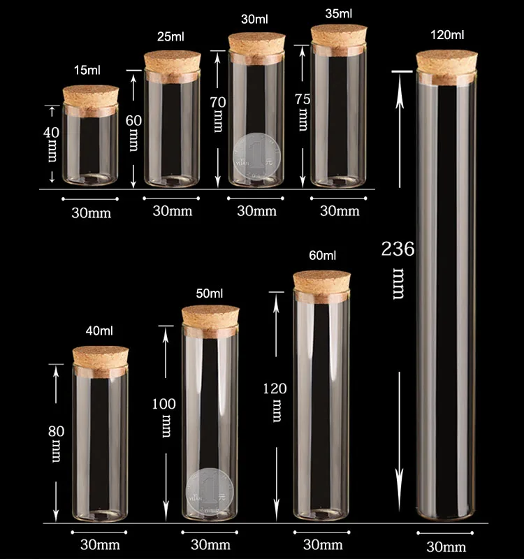 Маленькая прозрачная плоская трубка из боросиликатного стекла с пробковой крышкой для лабораторных испытаний хранения соли и