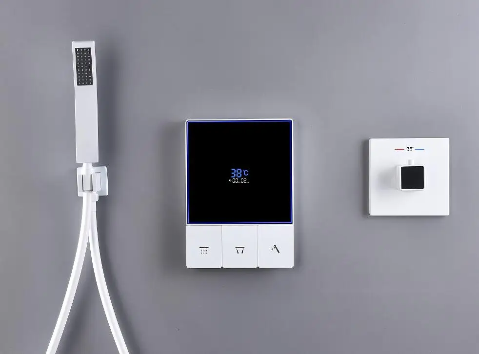 Smart Temperature Display 3 Function Thermostatic White Shower System Set Large Bathroom Waterfall Rain Shower Head