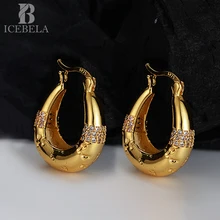 ICEBELA Jewelry S925 Sterling Silver 18K Gold Oval Diamond Earring Buckle Damaged Texture Surface Hoop Earrings