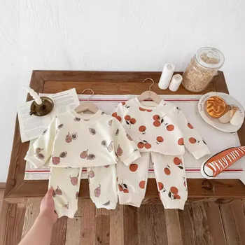 Baby Girl Clothing Set Autumn Cartoon Full Print Long-sleeved Sweater Suit Boys and Girls Baby Casual Versatile Two-piece Suit