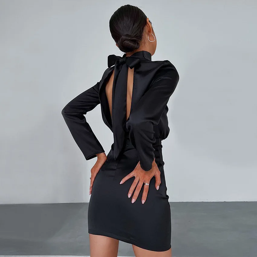 satin long sleeve backless dress Satin Puff Sleeve Strappy Backless Dress – AROLORA main image 1