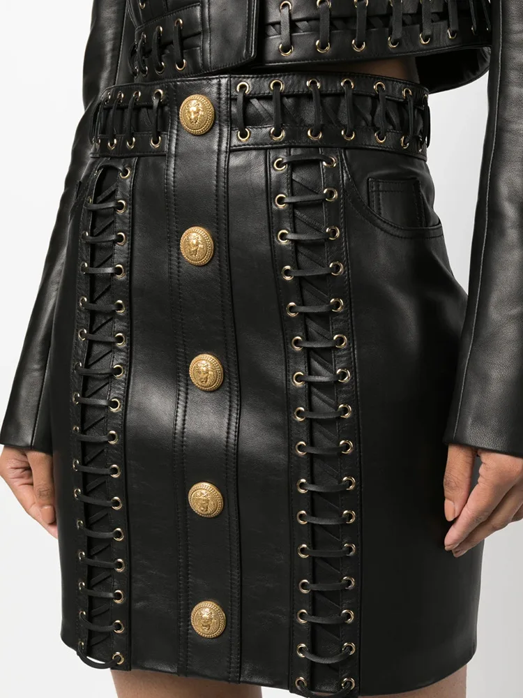 New Ready to Ship or Custom High Quality Fashion Two Pieces Black PU Leather Skirt and Jacket Suits Set Women