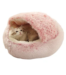 hot selling wholesale warm cozy semi-closed fur plush kitten cat sleeping pet beds