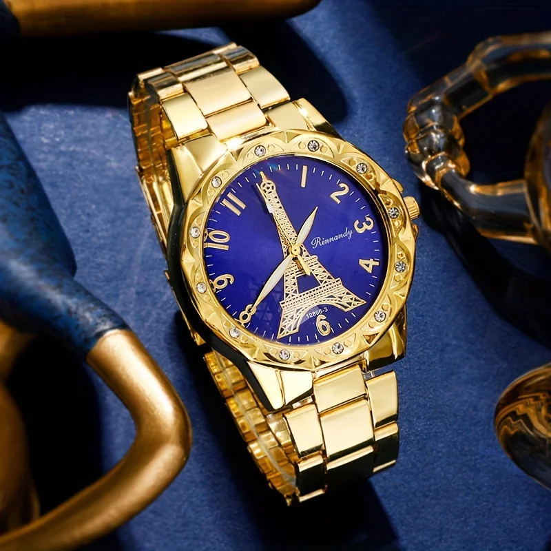 4pcs Jewelry Set  Women's Watch Eiffel Tower Quartz Watch Luxury  Steel Wrist Watch