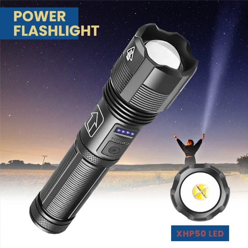 Asafee XHP50 LED Flashlight Tactical Waterproof Zoom Rechargeable 5 Modes Powerful Torch Light for Camping Aluminum Alloy Body