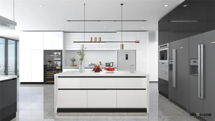 White Modern Design L-shape with Island Kitchen Cabinetry Luxury PVC ...