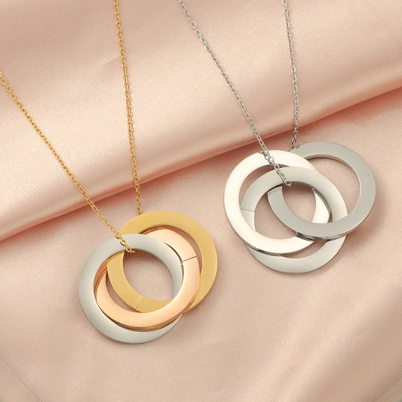 Blank 3 Circle Interlocking Rings Stainless Steel Custom Engraved Personalised Names Russian Ring Necklace for Mom Women
