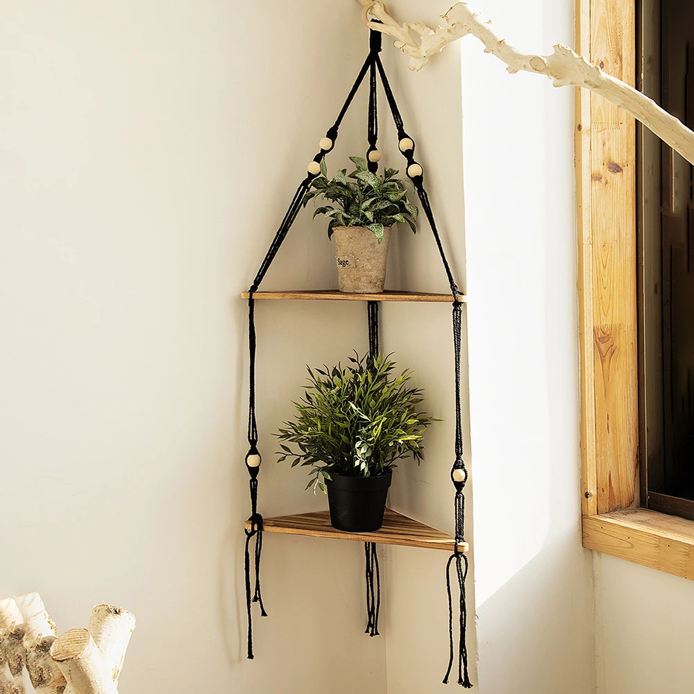 Bohemian Macrame Floating Shelf Wall Corner Triangle Shelves Wall Decor  Plant Hanger Candle Holder Living Room Bedroom