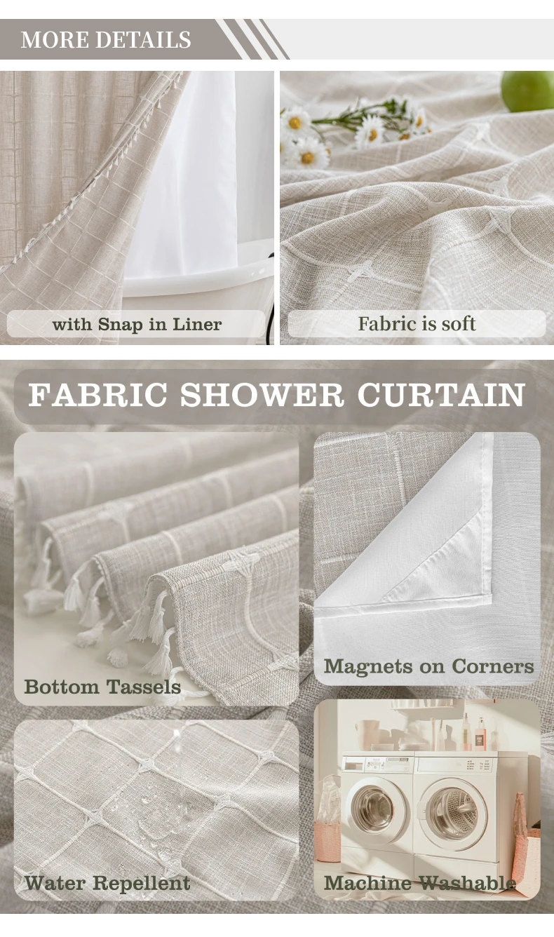 Modern Farmhouse Waterproof Hookless Boho Linen Fabric Checked Shower