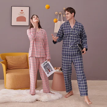 Pajamas Wholesale Autumn Winter 100% Cotton Sleepwear 2 Piece Pajamas Flannel Women Pajamas Sets For Couple