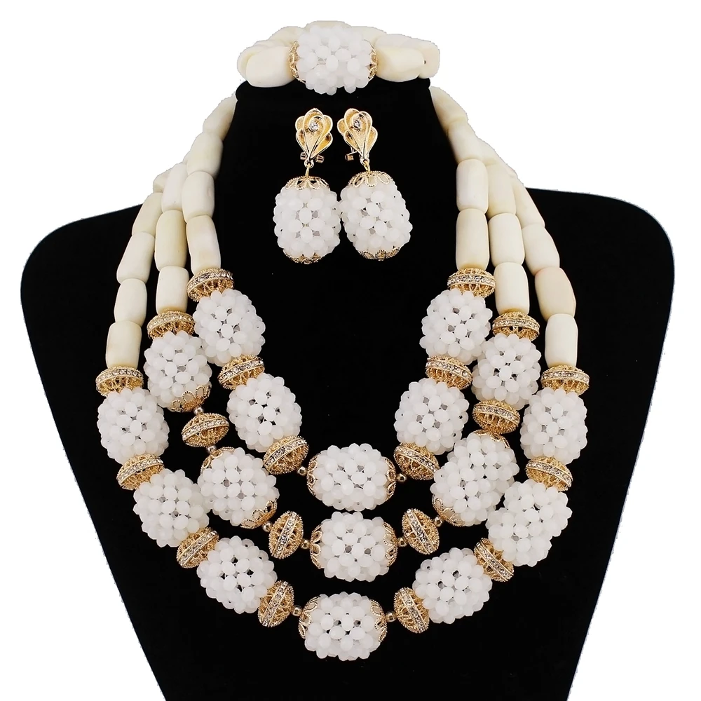 Elegant White Coral Beads Jewelry Set With Gold Necklace