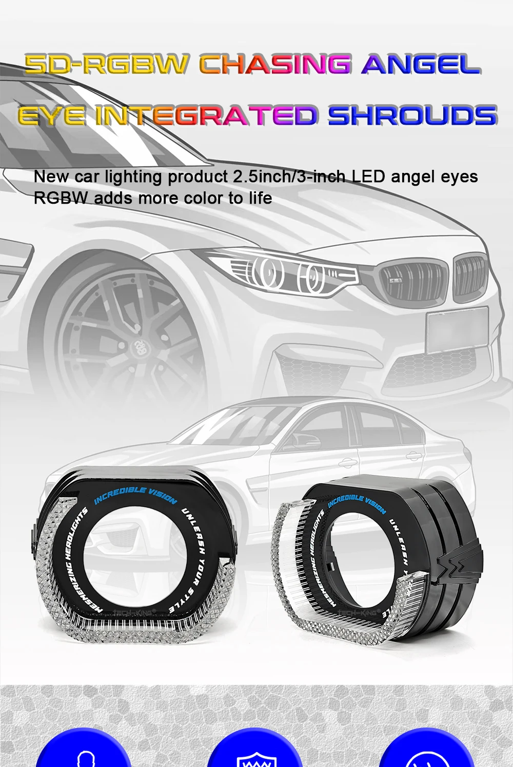 Car LED Angel Eye 2.5/3.0 Inch Shrouds with RGBW Angel Eyes & 5D Lighting for Projector Headlight Decoration New Condition Lamp