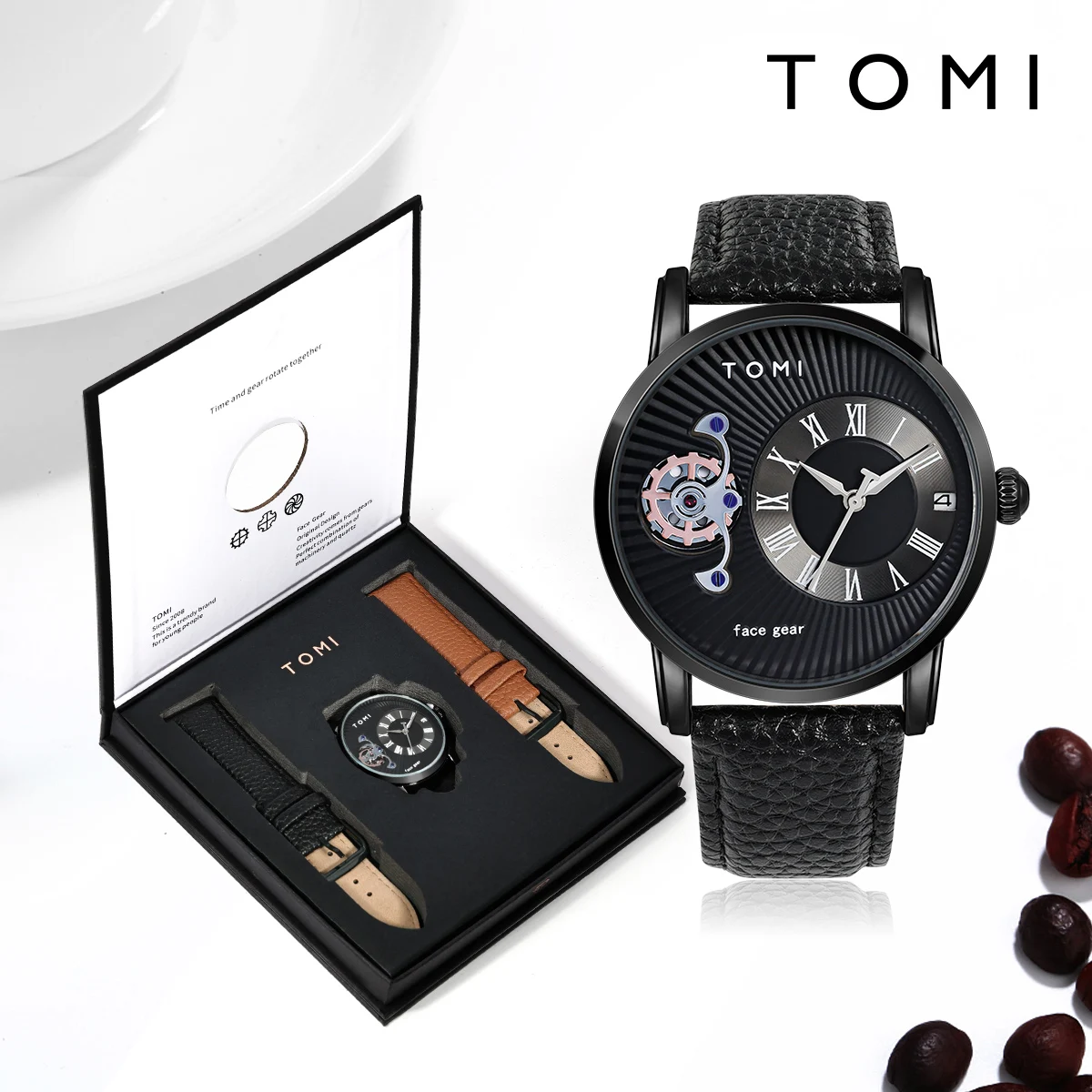 TOMI Men's Luxury Watch Set with Roman Numerals Dial, Fashion