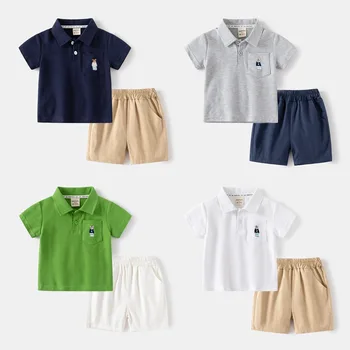 Children's summer 2024 new baby boy two sets baby pullover knitting polo shirt+woven short pants custom wholesale
