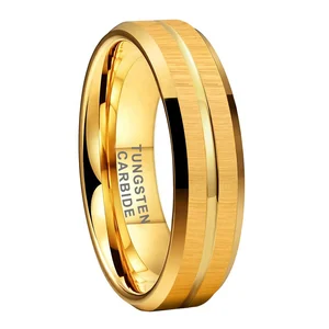 Coolstyle Jewelry 6mm Grooved Beveled Brushed Gold Tungsten Ring for Men Women Fashion Engagement Wedding Band Comfort Fit