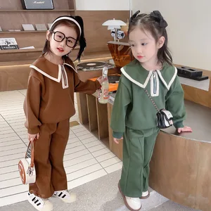 Autumn New Style Casual Pants Lapel Top Set Solid Colors Little Girl's Worsted Fabric Polyester/Cotton 2 PCS