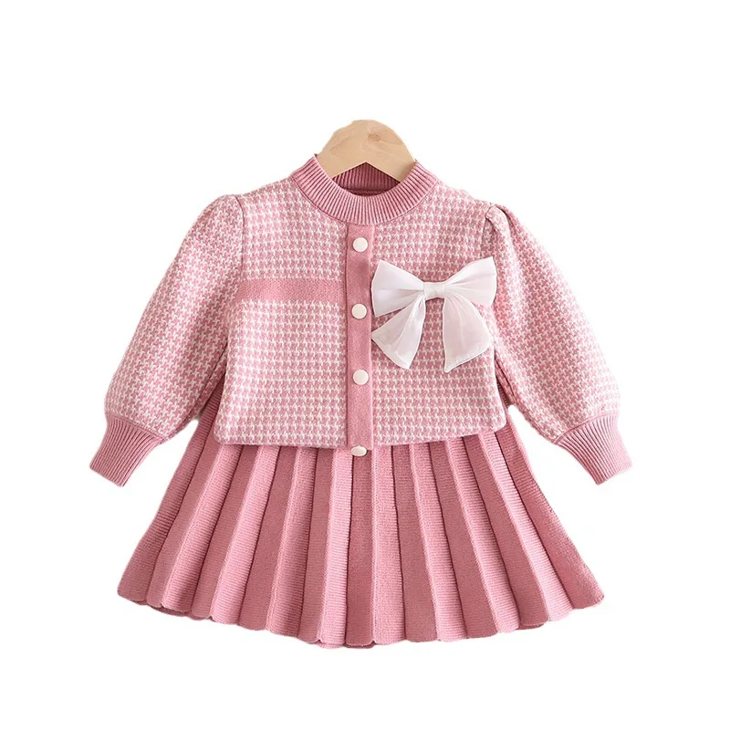 2023 Girls Designer New Solid Sweater Plaid Pleated Skirt Autumn Winter Bow Knitting Two Pieces Long Bubble Sleeves Kids Wear