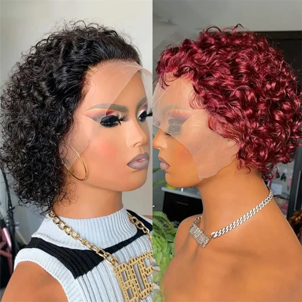 Perucă scurtă, creță, tunsoare Pixie, 99J, peruci de păr uman colorate, perucă braziliană, peruci Bob cu dantelă frontală HD pentru femei, vânzare_voghion.com