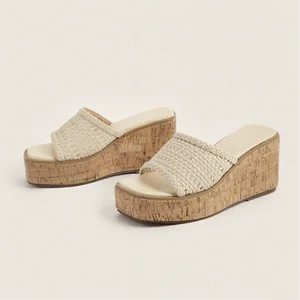 BUSY GIRL CXX318 Wedge Heel Sandals square Toe White Roman Style Mesh Woven Super High Heels Wedge Sole Spring and Summer Indoor
