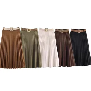 Women's Casual High Waist Pleated Midi Skirt with Ruffles 100% Polyester Autumn Fashion Anti-Static & Breathable