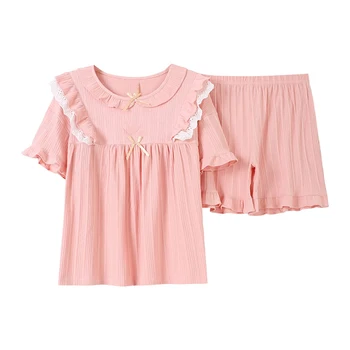 Sale Like Hot Cake Summer Nightwear Top And Short Thin Cute Princess Pink Short Sleeve Ribber 2 Piece Pajamas Short Set For Girl