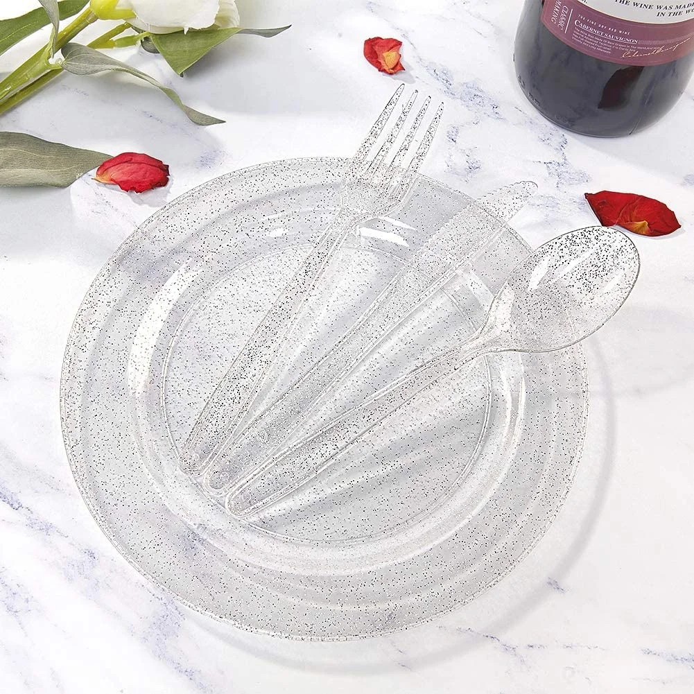 PS Disposable Plastic Cutlery Gold Sliver Rose Gold Glitter Disposable Plastic Flatware Knife Fork Spoon