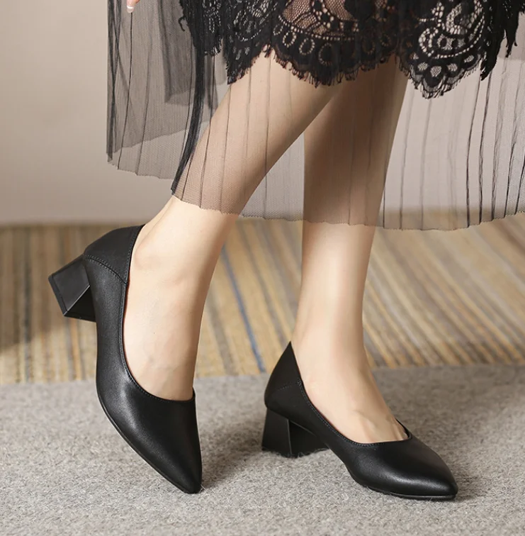 Chunky Heels Dress Shoes Safety Thick Heel Pure Black Leather Women Pumps comfort Office Work Shoes for Women Chunky Heels Dress Shoes Safety Thick Heel Pure Black Leather Women Pumps comfort Office Work Shoes for Women
