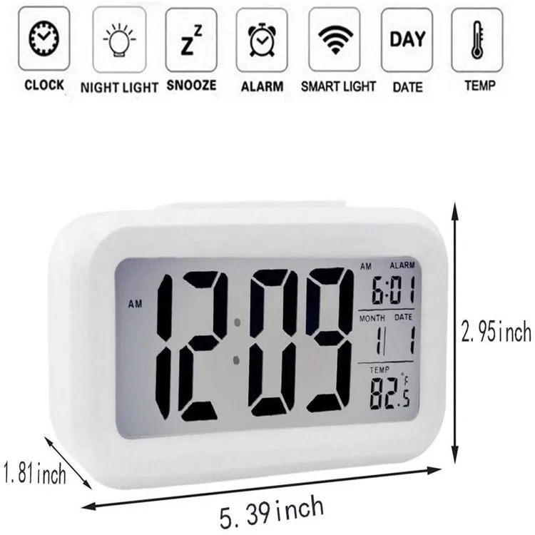 LCD  Display Digital Alarm Clock Battery Operated Smart Night Light Easy Operation Clock for Kids Heavy Sleepers Bedroom Clock