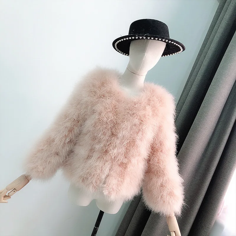 Baby Pink Fluffy Feather Jacket Marabou Winter Womens Clothing Outerwear  Warm Coat Eveningwear