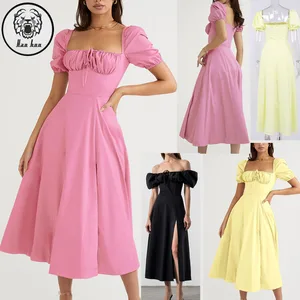 Custom Wholesale Party Elegant Puff Short Sleeve High Slit Pink Apparel Women Summer Casual Beach Dresses