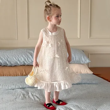 2025 Summer Girls' Korean Style Fairy Bow Sequin Baby Dresses O-Neck Princess Style with Sweet Layered Collar Mesh Skirts