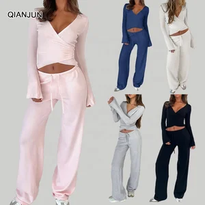 Women's Casual Two-Piece Set New Solid Color V-Neck Cover-Up Belt Sportswear Skinny Fit Worsted Straight Leg Pants Short Top