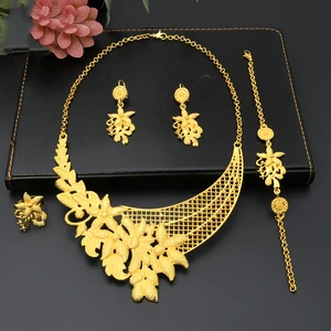 Wholesale Dubai Necklaces for Women Set  Luxury 24K Gold Plated Necklace Bracelet Earrings Ring Fashion Wedding Jewelry