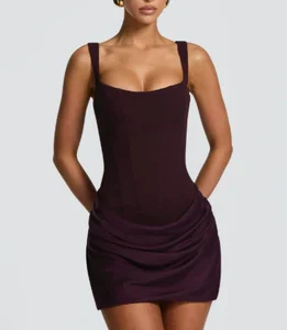2026 Women Brown Ruched Chic Mini Dress Square Neck Sleeveless Fitted Pleated Hem Robe Summer Street Party Solid Lady Vestidos