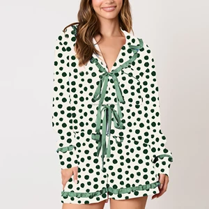 Green Pajama Set Collar Shirt Shorts Dot Print Ruffle Trim Bow Tie Sleepwear Women