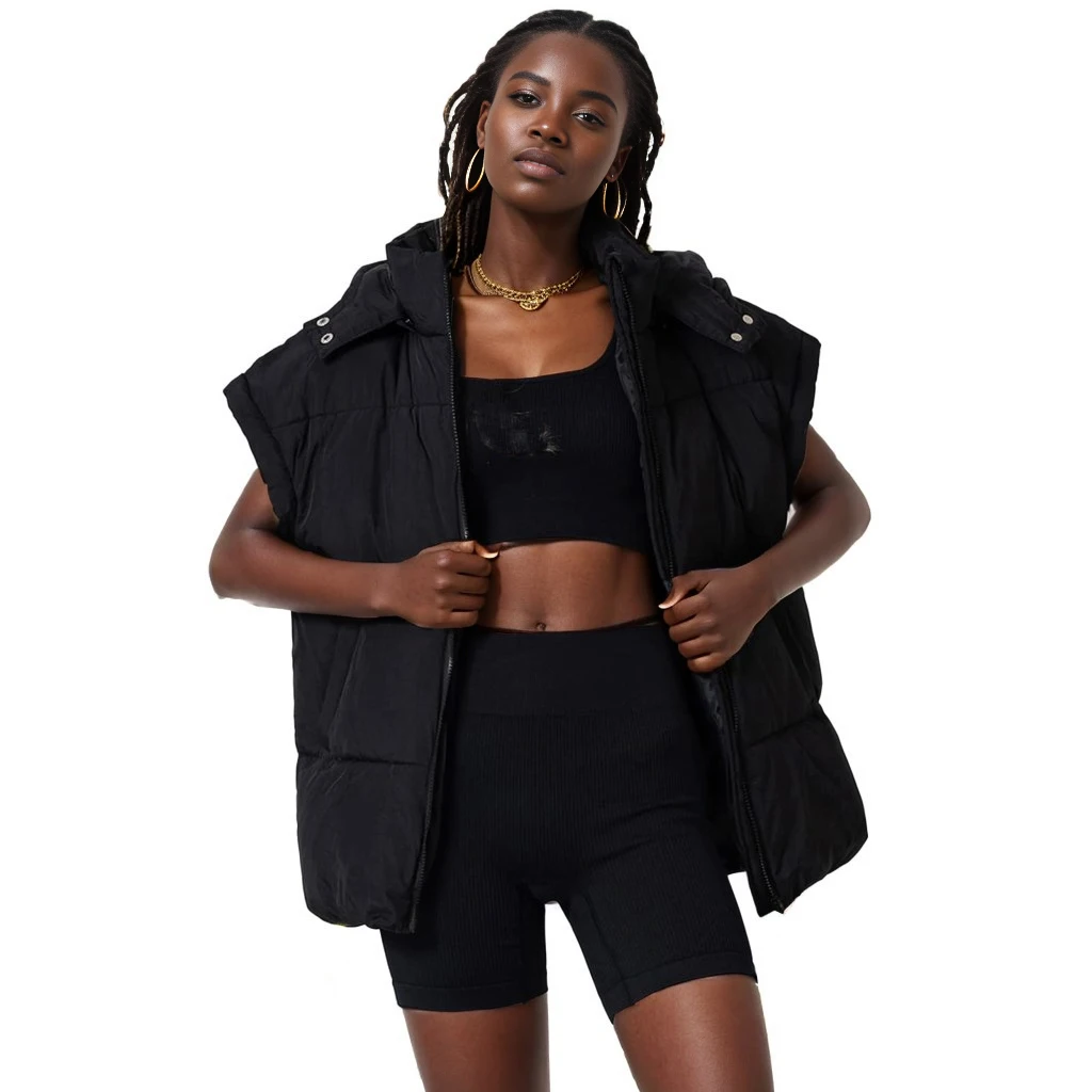 Womens Puffer Vest Oversized Sleeveless Jacket With Removable Hood For