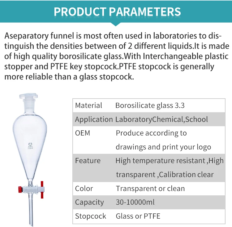 High Quality Lab Glassware 60 125 250 500ml Pear Shape Glass Separatory